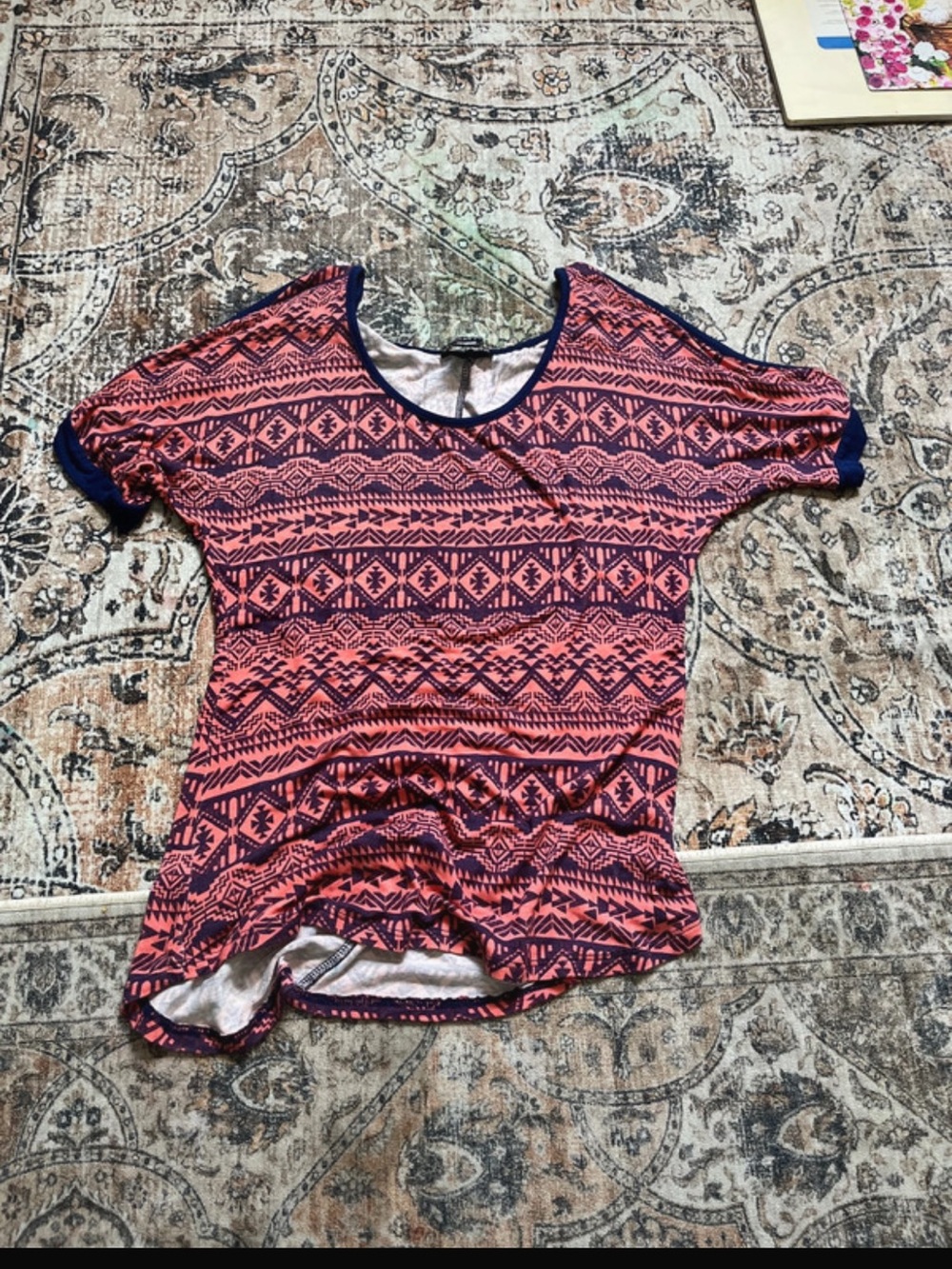 American Dream Coral and Navy Aztec Short Sleeve Tee